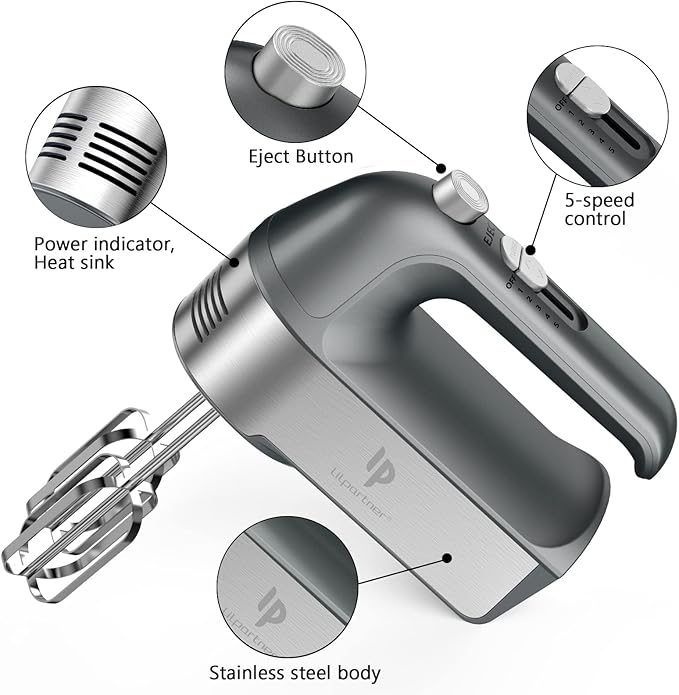 Hand Mixer Electric, 450W Kitchen Mixers with Scale Cup Storage Case, Turbo Boost/Self-Control Speed + 5 Speed + Eject Button + 5 Stainless Steel Accessories, For Easy Whipping Dough,Cream, Cake