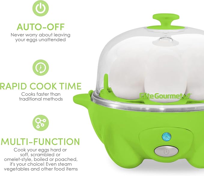 Elite Gourmet Easy Electric 7 Egg Capacity Soft, Medium, Hard-Boiled Cooker Poacher, Scrambled, Omelet Maker with Auto Shut-Off and Buzzer, BPA Free