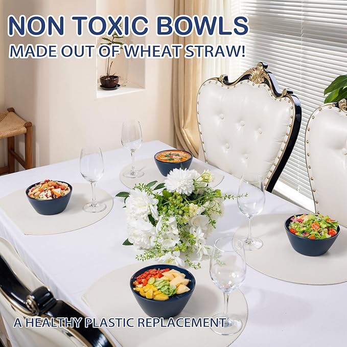 Supernal 12PCS Blue Wheat Straw Bowls - Durable Reusable Soup & Cereal Bowls, Hard Plastic Dinnerware with Smooth Edges,Disposable Plastic Bowls for Catering,Hot Food,Salad (Lightweight & Unbreakable)