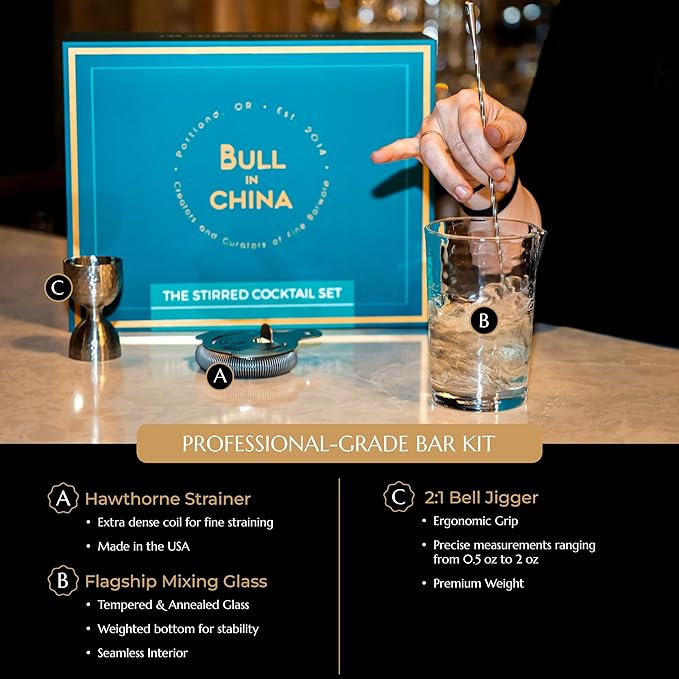 Shaken & Stirred Cocktail Set by Bull in China - Premium Bartender Gift Set w 2 Piece Weighted Shaker, Hammered Jigger, Hawthorne Strainer, Fine Mesh Strainer, Mixing Glass & Barspoon (Rainbow Chrome)