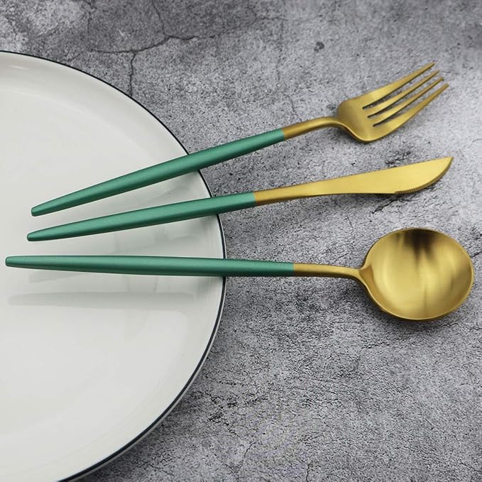 Gugrida 20-Piece 18/10 Stainless Steel Flatware Silverware, Luxury Dinnerware Set Travel Cutlery Tableware Include Knife Fork Spoon Service for 4, Dishwasher Safe (Green Handle Matte Gold)