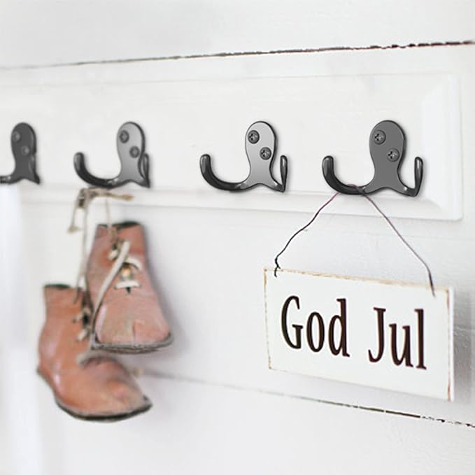 12 Heavy Duty Double Prong Coat Hooks | Wall Hooks with 24 Screws for Kitchen, Grocery Room, Bedroom
