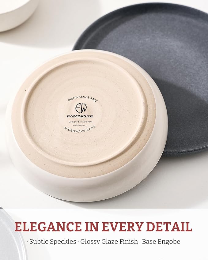 famiware Milkyway 33 oz Bowl Set, Pasta Bowls Set of 4, Salad Bowls, Double Reactive Glaze, Sturdy & Stackable, Ideal for Housewarming, Festivals, Dark Charcoal & White Full Glaze Matte