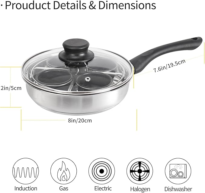 Egg Poacher Pan, Stainless Steel Egg Poaching Pan for Benedict Breakfast Maker, Poached Egg Cookware with 4 Nonstick Large PFOA Free Egg Poacher Cups and Silicone Spatula