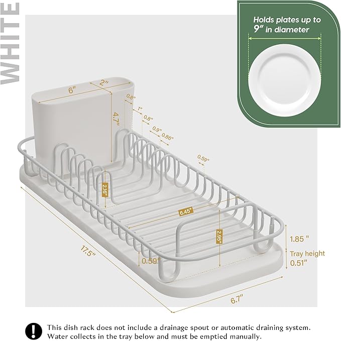 SunnyPoint 304 Stainless Steel NeverRust Compact Dish Drying Rack with Utensil Holder & Removable Drain Tray, Rustproof Small Dish Rack for Kitchen Countertop or Over Sink – White