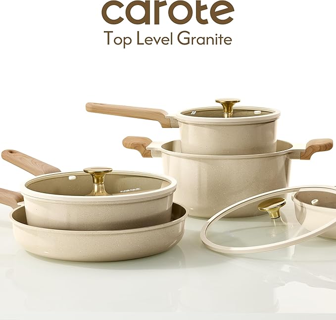CAROTE 14Pcs Pots and Pans Set Non stick, Ceramic Cookware Set, Non-toxic Kitchen Cooking Set, PFAS and PFOA Free