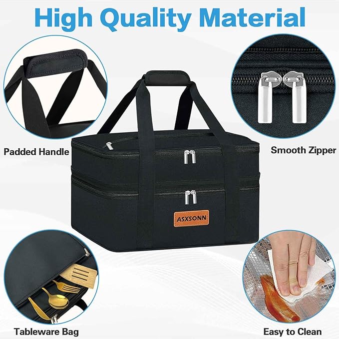 Double Decker Insulated Casserole Carrier for Hot or Cold Food, Expandable Insulated Food Carrier for Parties, Picnic, Beach, Fits 9"x13" Baking Dish (Black)