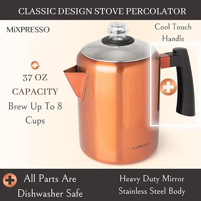 Mixpresso Copper Stainless Steel Coffee Percolator Stovetop, 37oz Classic Percolator Coffee Pot, Great For Camping Pot, 5-8 Cup Stove Top Espresso Maker, Cool-Touch Handle