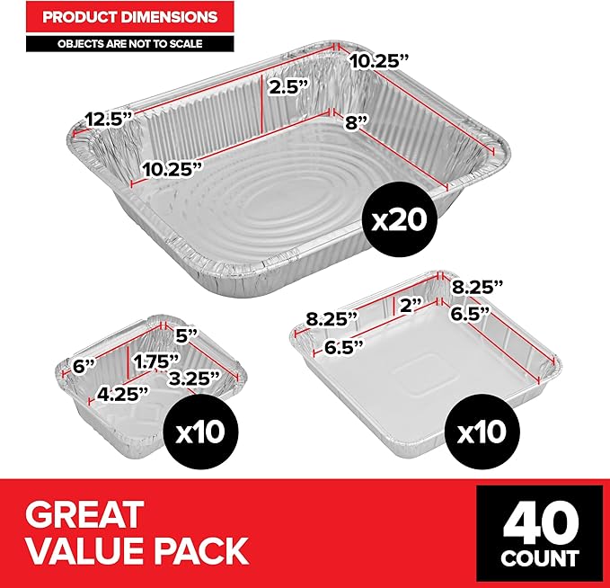 Stock Your Home (Set of 40) Aluminum Pans Disposable, (20) 9x13, (10) 8x8, (10) 1-Lb Heavy Duty Foil Pans, Baking Tins, Cooking Trays, Large and Small Catering Food Containers for Roasting, Serving