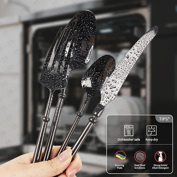 Black Silverware Set for 4 Unique 18/10 Stainless Steel 16 Piece Flatware Sets Mirror Polished Elegant Cutlery Utensils Set for Home Kitchen Dishwasher Safe Nice Weight