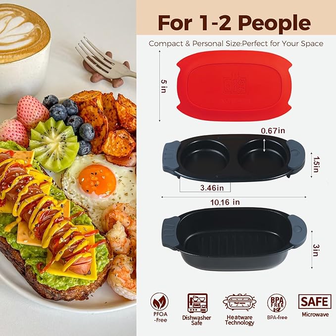 Quick-Heat Microwave Egg Cooker and 33 OZ Microwave Grill Combo | 2-Piece Breakfast Maker Set for Grilling, Frying, Crisping Meat, Bacon, Pancakes & Veggies | Dishwasher Safe & Non-Stick for Kitchen RV, Dorm, Office(Red)