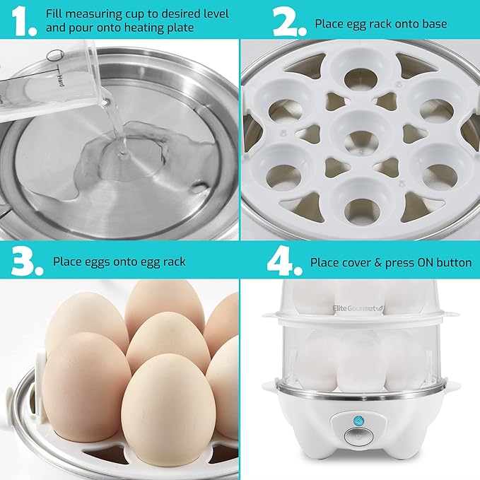 Elite Gourmet EGC1405W 2-Tiered Rapid Egg Cooker, 5-Egg Poacher, Omelets, Soft, Medium, Hard-Boiled Eggs with Auto Shut-Off and Buzzer, BPA Free, 14 eggs, White