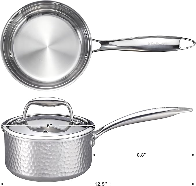 1-Quart Saucepan with Lid, Tri-Ply Stainless Steel Pot with Stay-Cool Handle & All Cooktop Compatibility (Gas, Ceramic, Electric) - Silver Hammered