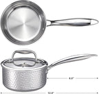 1-Quart Saucepan with Lid, Tri-Ply Stainless Steel Pot with Stay-Cool Handle & All Cooktop Compatibility (Gas, Ceramic, Electric) - Silver Hammered