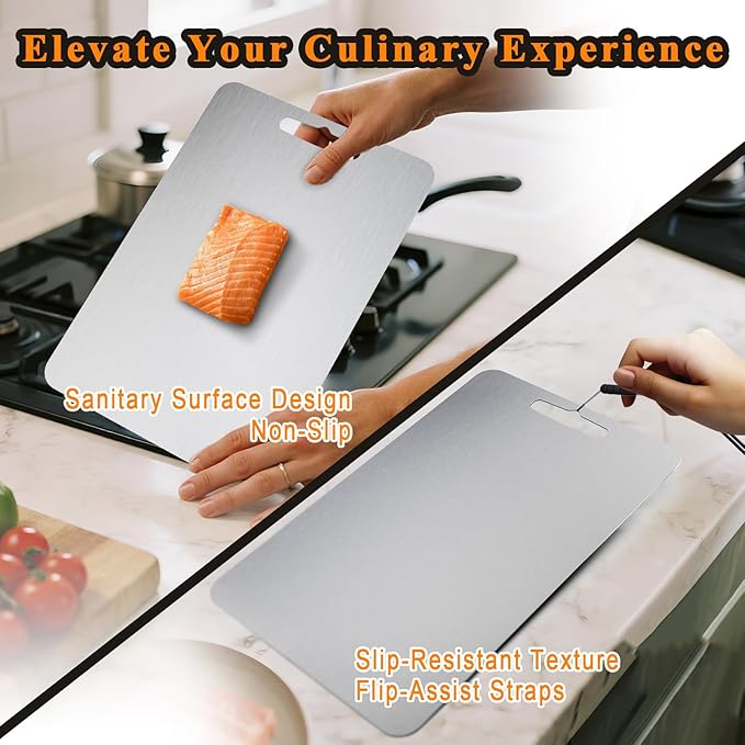 Titanium Cutting Board Professional Double - Pure Titanium Cutting Boards For Kitche, Sided 13.5 x 9 Inch - Dishwasher, Non-Slip for Fruits, Meat, Vegetables, Camping