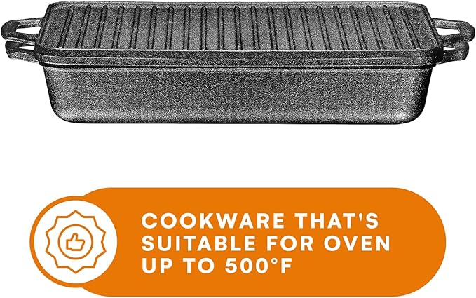 Bruntmor 3-in-1 Pre-Seasoned Cast Iron Pan with Reversible Grill Griddle Lid - 17.8"x11"x3.3" Non-Stick Multi Cooker Deep Roasting Grill Pan - Dutch Oven, Frying or Roasting Pan for Open Fire Camping