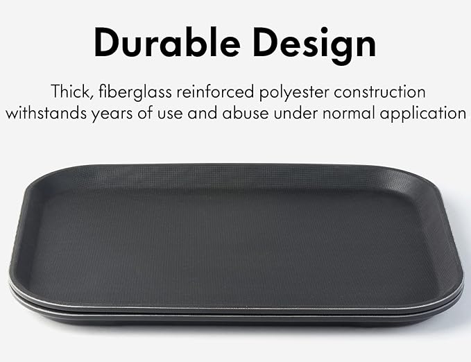 CURTA 2-Pack Restaurant Grade Non-Slip Trays, NSF, 16 Inch x 12 Inch, Plastic Rubber Lined Anti-Skid Rectangular Serving Tray, Black