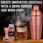 Bartender Kit with Whiskey Smoker - 13 pcs, Pine Stand - Bar Set with Cocktail Shaker, Bartending Kit with Essential Bar Accessory Tools, Wood Chips, Pink Gold