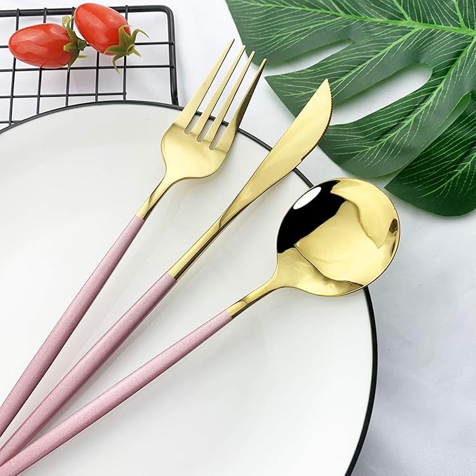 JASHII Flatware Serving Set 24 Piece, Stainless Steel Silverware Set, Pink Gold Cutlery Set, Modern Elegant Tableware Set for Party, Christmas, Dinner (Pink Gold)