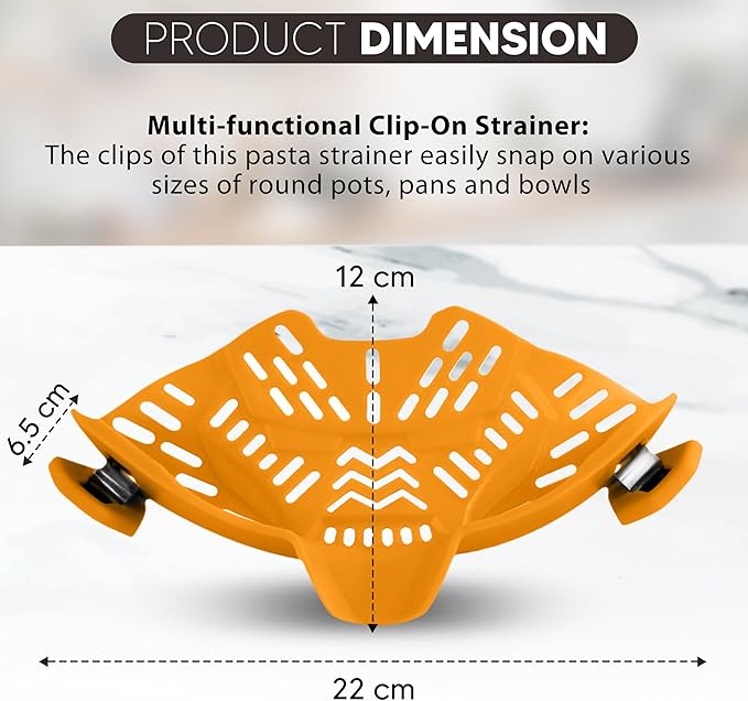 Clip On Strainer, Pot Strainer for Pasta, Vegetables, Fruit and Meat- Kitchen Silicone Strainer Colander for All Pots, Pans and Bowls (Orange)