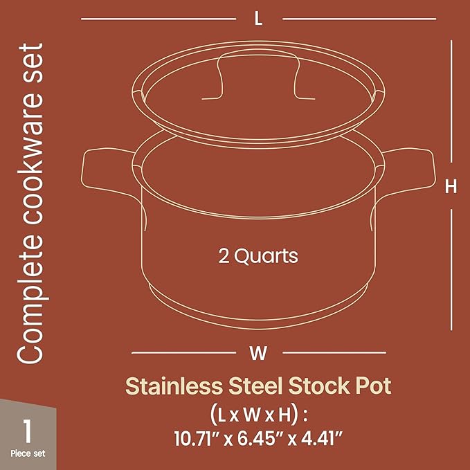 Stainless Steel Stockpot with Lid 2 Quart, Durable 18/8 Stainless Steel, Impact-Bonded Base for Even Heating, Riveted Handles, Oven & All Stove Compatible, Safe Up To 500°F (260°C)