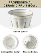 Gomakren Fruit Bowl with Holes, Ceramic Berry Basket Set of 2, 5.8 Inch Round Fruit Basket for Kitchen, Berry Containers Colander - Farmhouse Kitchen Decor, White