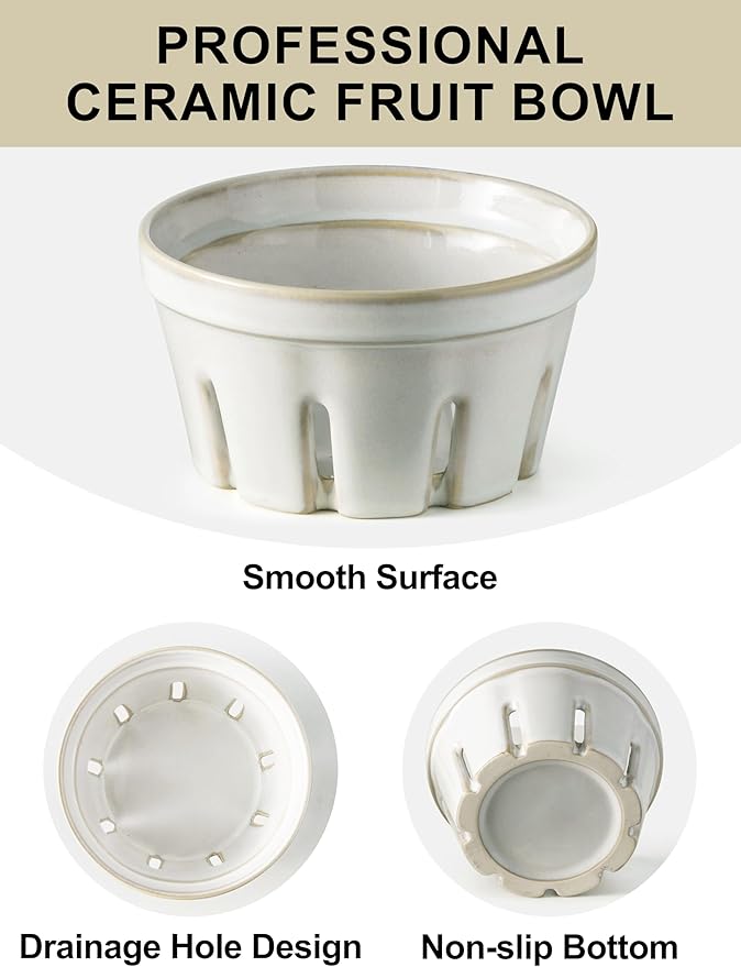 Gomakren Fruit Bowl with Holes, Ceramic Berry Basket Set of 2, 5.8 Inch Round Fruit Basket for Kitchen, Berry Containers Colander - Farmhouse Kitchen Decor, White