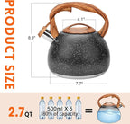 GGC Tea Kettle for Stove Top, Loud Whistling Kettle for Boiling Water Coffee or Milk, 3.1 Quart Heavy Stainless Steel Starry Black Kettle with Wood Pattern Handle, Unique Button Control Kettle Outlet