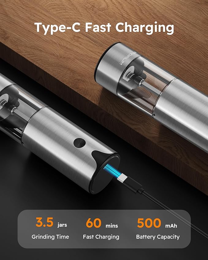 FORLIM Electric Salt and Pepper Grinder Set, USB Rechargeable, Automatic Salt Pepper Mill Grinder with Dust Cover, One-Button Control, Adjustable Coarseness, Warm LED Light (2 Packs, Stainless Steel)