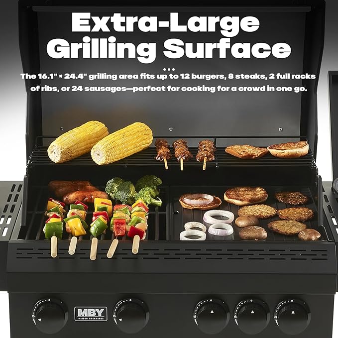 4 Burner Gas Grill Cast Iron Griddle Grill Combo, BBQ Propane Grills with Side Burner 50000BTU Heavy Duty Barbucue Grill With Cover, Black