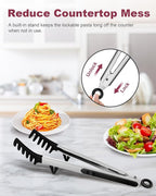 Silicone Spaghetti Spoon and Pasta Tong, Heat-Resistant Noodle Spoon Server, 13“ BPA-Free Spaghetti Strainer, Fork with Teeth and Stainless Steel Handle, Food-Grade Clip for Pasta, Black