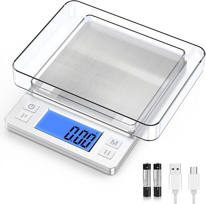 BOMATA 0.01g Small Digital Gram Scale, USB Rechargeable, Upgraded 1kg Jewelry Scale with Larger Display and Hold Function, High Precision, Grams and oz for Herb, Coin, Powder, Gold, Yeast, Kitchen