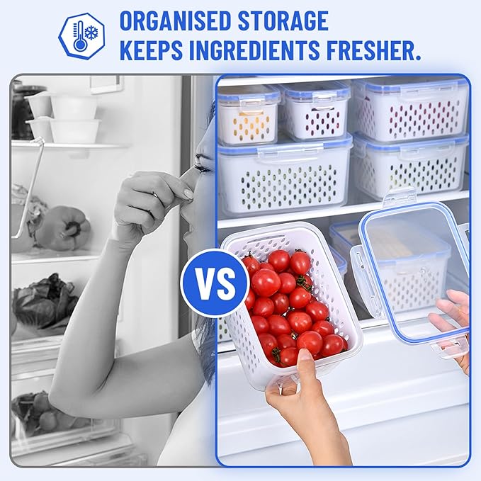 Large Fruit Containers for Fridge - Leakproof Food Storage Containers with Removable Colander - Dishwasher safe Produce Containers Keep Fruits, Vegetables, Berry, Meat Fresh longer (3)