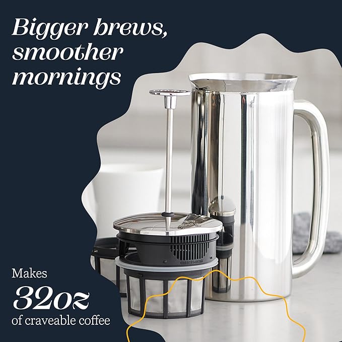 ESPRO P7 French Press Coffee Maker - Double-Walled Stainless Steel Insulated with Micro-Filter, 32 Ounces, Polished Stainless Steel