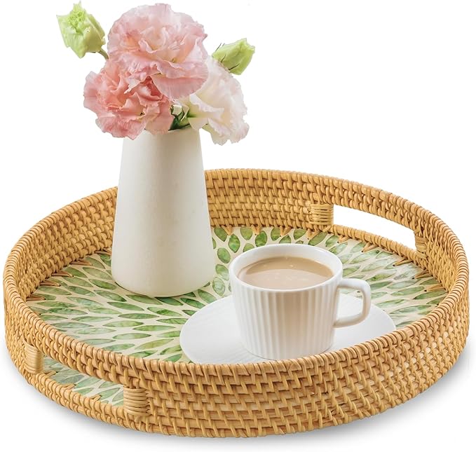 13.8 in Round Rattan Serving Tray with Handle, Mother of Pearl Inlay Wooden Base, Decorative Wicker for Table, Kitchen Island & Home Decor (Green Leaf)