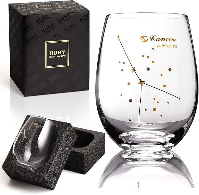 HOHY Cancer Stemless Wine Glass 20 Oz, Cancer Constellation Wine Glass Golden, Zodiac Gifts June Birthday Gifts for Women