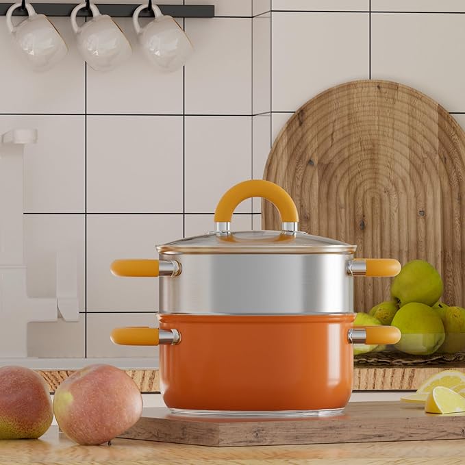 4 QT Steamer for Cooking, Vegetable Steamer Pot, 18/8 Stainless Steel Oranger Pot with Lid and Steaming Basket, Compatible with All Stovetops, Dishwasher Safe