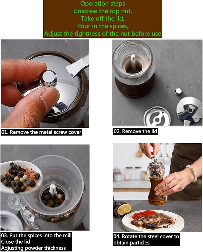 Pepper Mill Set，Manual Pepper Mills, Classical Hand Shake Wooden Pepper Grinder Set，Salt Mills，Wooden Pepper Mill，Ceramic Blades Metal Handle，Enjoy Fresh Ground Pepper (Walnut color 2pcs-6in)