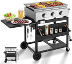MELLCOM 3 Burner 30000 BTU Outdoor Gas Griddle with Lid (Side Shelf), Portable Flat Top Griddle 28 Inch Heavy- Duty Cast lron Grill, Bottle Rack & Grease Pan for Camping, Picnic, Patio
