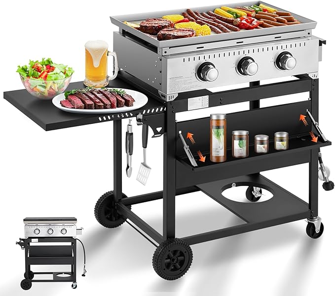 MELLCOM 3 Burner 30000 BTU Outdoor Gas Griddle with Lid (Side Shelf), Portable Flat Top Griddle 28 Inch Heavy- Duty Cast lron Grill, Bottle Rack & Grease Pan for Camping, Picnic, Patio