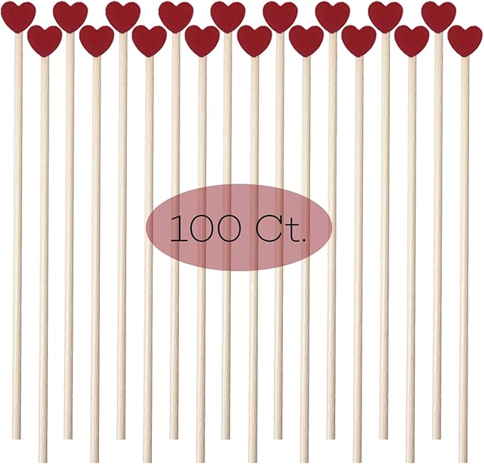 100 Piece 6Inch Rock Candy Sticks with Heart-Shaped Wooden Sticks for Lollipop, Coffee, Appetizer Skewers (Red)