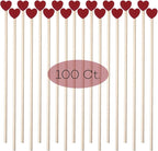 100 Piece 6Inch Rock Candy Sticks with Heart-Shaped Wooden Sticks for Lollipop, Coffee, Appetizer Skewers (Red)