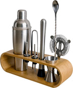 Cocktail Shaker Set Bartender Kit with 10 Bar Tools & Bamboo Stand – Martini Shaker, Jigger, Strainer, Muddler, Mixer Spoon, Pourers – Home Bar Set & Gift for Men (Silver)