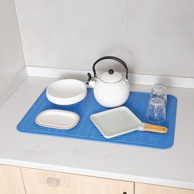 Silicone Dish Drying Mat for Multiple Usage,Easy clean,Eco-friendly,Heat-resistant Silicone Mat for Kitchen Counter or Sink,Refrigerator or Drawer Liner Lichen BlueL 3XL 28 inches x 18 inches