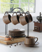 Espresso Cups Set, 4 Oz Porcelain Coffee Cups with Saucer and Metal Stand Small Cappuccino Cups Set of 6 Demitasse Cups for Espresso, Latte, Cafe Mocha, Cappuccino, and Tea, Brown