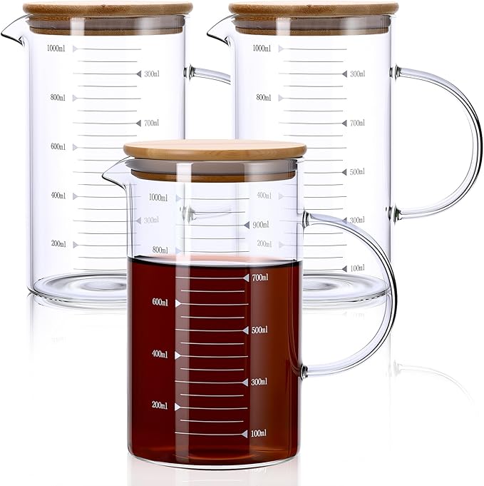 3 Pack 1000 ml Graduated Beaker Mug with Handle and Lid Borosilicate Glass Multifunction Measuring Cup Measuring Pitcher for Baking, Cooking, Pouring Liquid, 33.8 oz