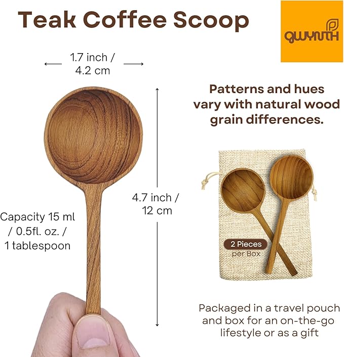 2 Pieces Wooden Coffee Spoon, Handmade Teak Wood Scoop for Ground Coffee, Beans and Tea 1 Tablespoon for Jars and Containers