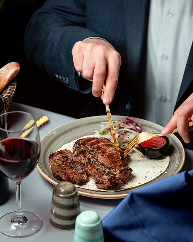 EUIRIO Hammered Gold Silverware Set, 48-Piece Stainless Steel Flatware Set for 8, Shiny Gold Utensils Cutlery for Home Hotel, Forks, Spoons and Knives Set, Dishwasher Safe