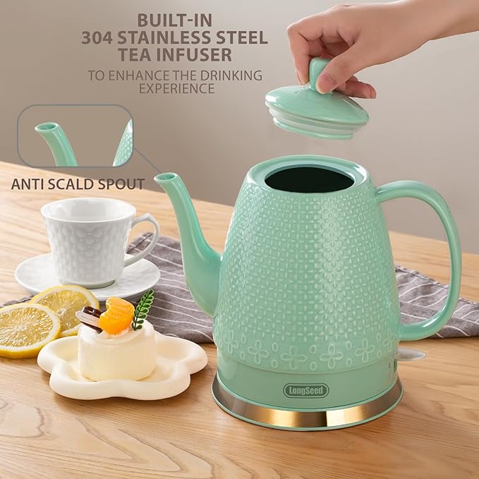 1.2-Liters Ceramic Electric Kettle Pot, 1000W Fast Boil Water For Coffee & Tea, Automatic Shut-Off, Boil Dry Protection, Retro Gooseneck Teapot BPA Free Boiler