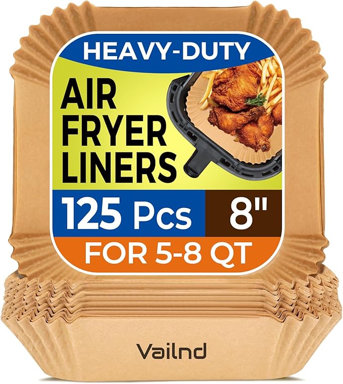 Air Fryer Paper Liners, 125Pcs Parchment Paper, Air Fryer Liners Disposable for Microwave, Non-Stick Air Fryer Liner Square Free of Bleach (8IN)